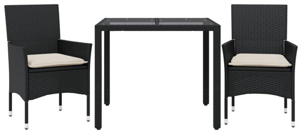 3 részes fekete polyrattan/üveg kerti étkezőgarnitúra párnákkal