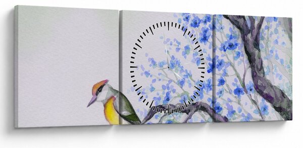 Kép - Madár egy fán kék virágokkal (órával) (90x30 cm)