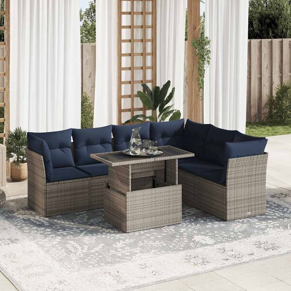 7 részes fekete polyrattan akácfa kerti ülőgarnitúra párnával