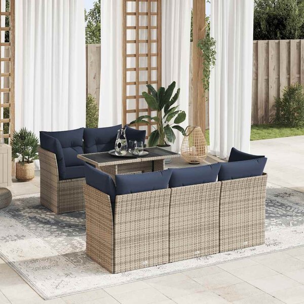 6 részes szürke polyrattan akácfa kerti ülőgarnitúra párnákkal