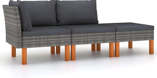 3 részes polyrattan és tömör eukaliptuszfa kerti ülőgarnitúra