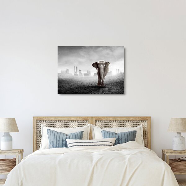 Kép -Elefánt egy nagyvárosban, fekete-fehér változat (üvegen) (70x50 cm)
