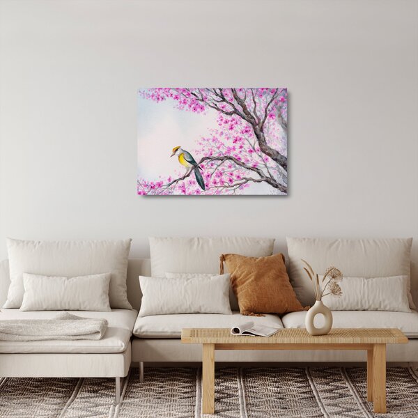 Kép - Madár egy fán rózsaszín virágokkal (üvegen) (70x50 cm)