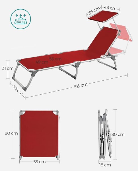 Összecsukható napozóágy, könnyű alumínium vázzal, napellenzővel, 5 pozícióban állítható háttámlával, max. 150 kg, 193x55x31 cm, piros