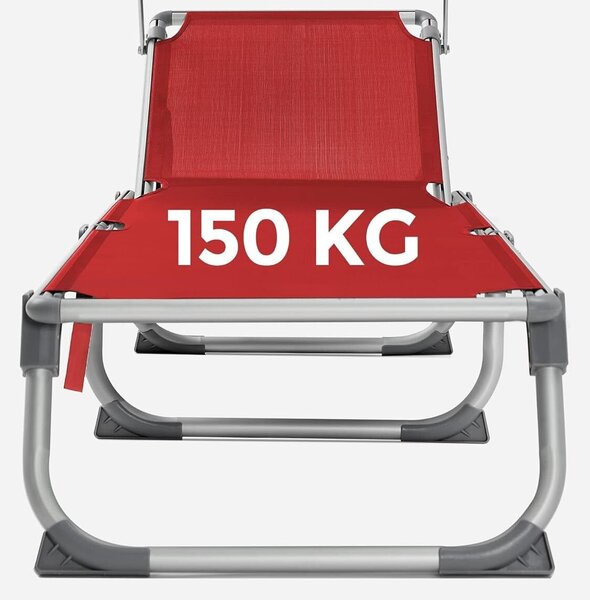 Összecsukható napozóágy, könnyű alumínium vázzal, napellenzővel, 5 pozícióban állítható háttámlával, max. 150 kg, 193x55x31 cm, piros