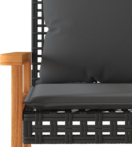 Fekete polyrattan és akácfa kerti pad párnával