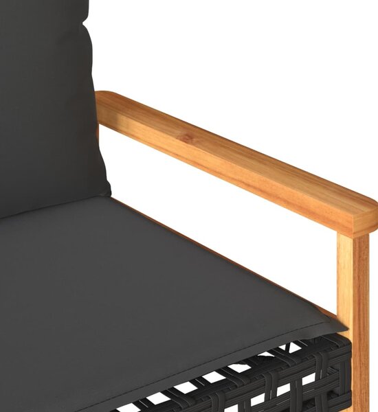 Fekete polyrattan és akácfa kerti pad párnával