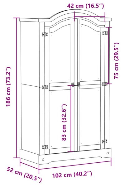 Fehér Corona tömör fenyőfa ruhásszekrény 102 x 52 x 186 cm