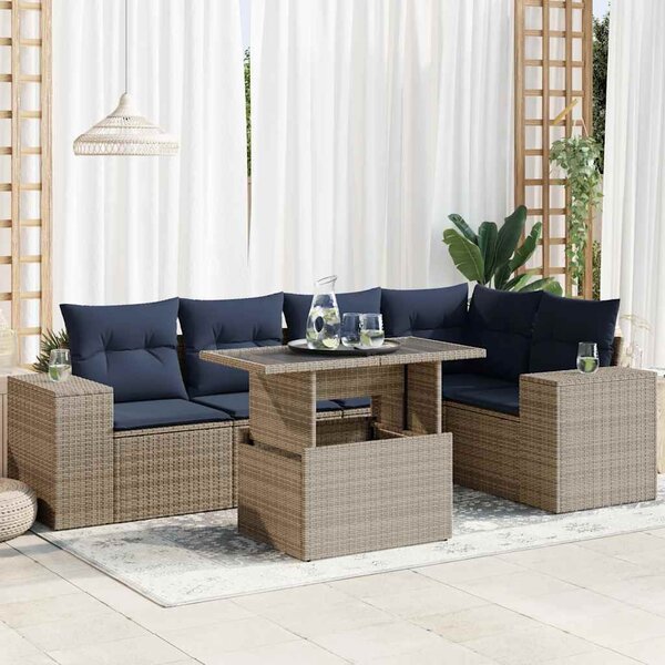 6 részes fekete polyrattan akácfa kerti ülőgarnitúra párnákkal