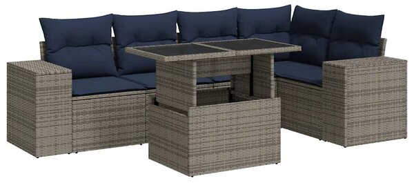 6 részes fekete polyrattan akácfa kerti ülőgarnitúra párnákkal