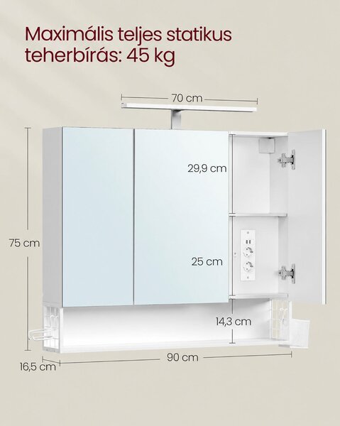 Tükrös fürdőszobaszekrény LED-világítással, 90 cm