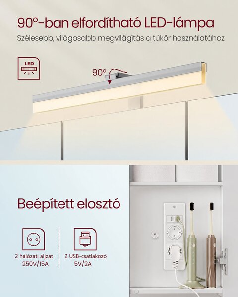 Tükrös fürdőszobaszekrény LED-világítással, 90 cm