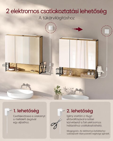 VASAGLE LED-es Tükrös Fürdőszobaszekrény, 70 x 16,2 x 70 cm, Tölgy és Fekete, DACEY