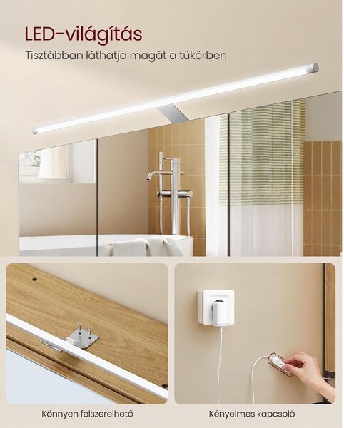 VASAGLE LED-es Tükrös Fürdőszobaszekrény, 70 x 16,2 x 70 cm, Tölgy és Fekete, DACEY