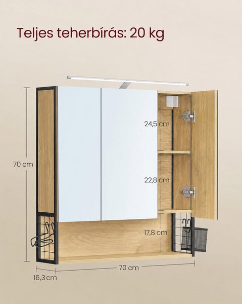 VASAGLE LED-es Tükrös Fürdőszobaszekrény, 70 x 16,2 x 70 cm, Tölgy és Fekete, DACEY