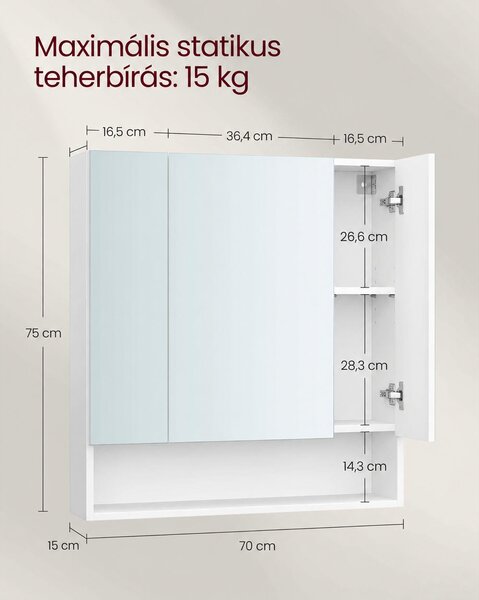 VASAGLE KAILYN tükrös fürdőszobaszekrény, 70 cm, felhőfehér