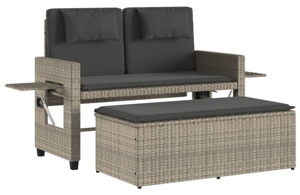 Világosszürke polyrattan dönthető kerti pad párnával