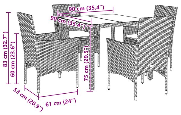 5 részes fekete polyrattan/üveg kerti étkezőgarnitúra párnákkal