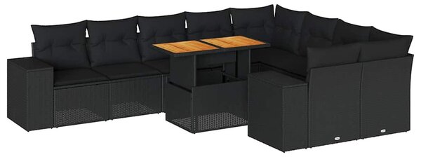 10 részes fekete polyrattan akácfa kerti ülőgarnitúra párnákkal