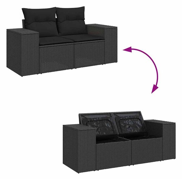10 részes fekete polyrattan akácfa kerti ülőgarnitúra párnákkal