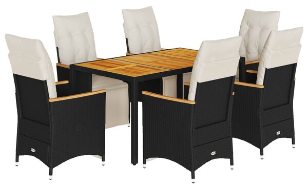7 részes fekete polyrattan kerti bisztrógarnitúra párnákkal
