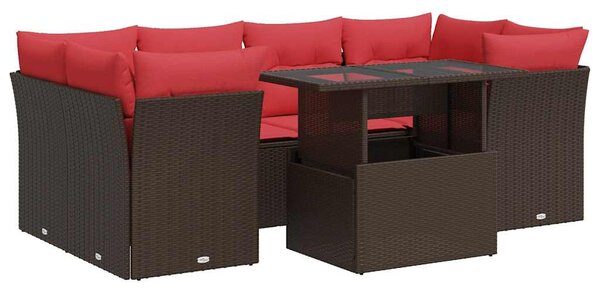 7 részes barna polyrattan akácfa kerti ülőgarnitúra párnákkal