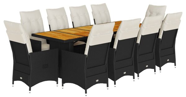 11 részes fekete polyrattan kerti bisztrógarnitúra párnákkal