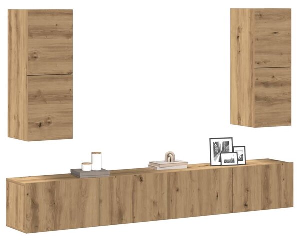 4 részes kézműves tölgy színű szerelt fa fali TV-szekrényszett