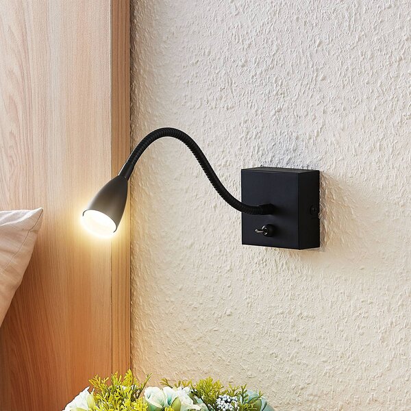 Lindby Jolka LED olvasólámpa, kapcsoló, matt fekete, Fekete, Hálószoba, fém, Modern