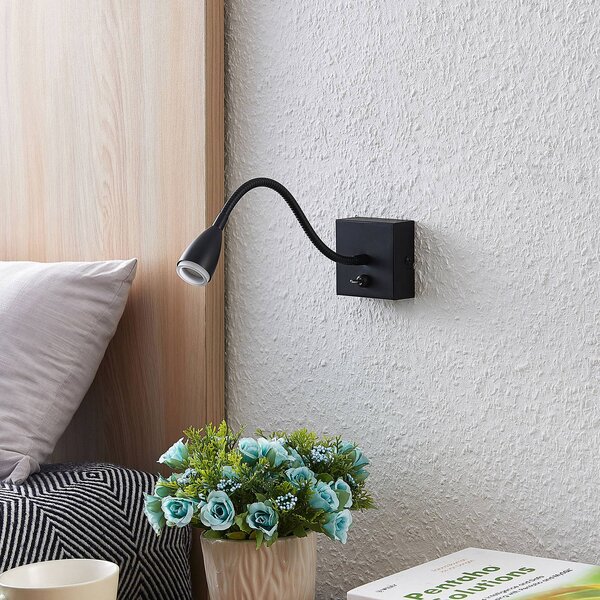 Lindby Jolka LED olvasólámpa, kapcsoló, matt fekete, Fekete, Hálószoba, fém, Modern