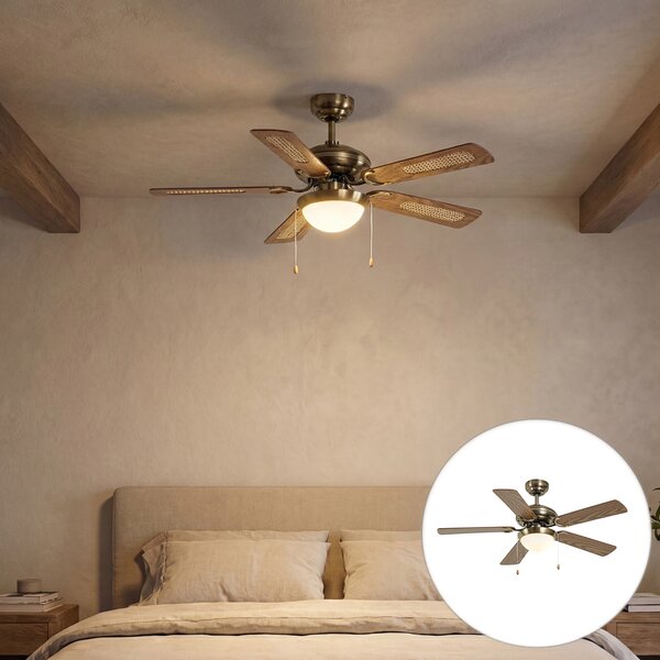Mennyezeti ventilátor sárgaréz színben, famintával és rattan 105 cm-es húzókapcsolóval - Mistral Majas