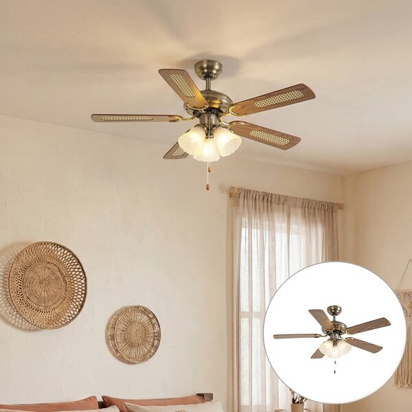 Sárgaréz mennyezeti ventilátor fa mintával és rattan 105cm húzókapcsolóval - Mistral Lia