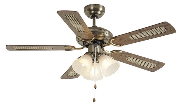 Sárgaréz mennyezeti ventilátor fa mintával és rattan 105cm húzókapcsolóval - Mistral Lia