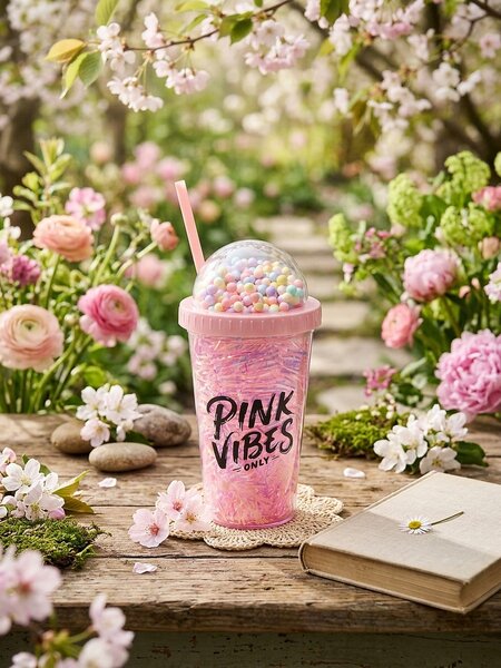 Sinsay - Pohár fedéllel és szívószállal - pasztellpink