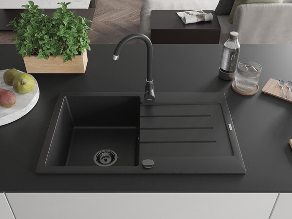 Mexen Bruno, gránit mosogató 795x495x200 mm, 1 kamrás, fekete, fekete szifonnal, 6513791010-77-B