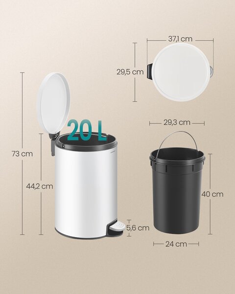 Fém kerek konyhai szemetes, 20 L, pedálos, levehető belső vödörrel, fehér