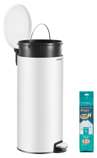 Fém kerek konyhai szemetes, 30 L, pedálos, műanyag belső vödörrel, fehér