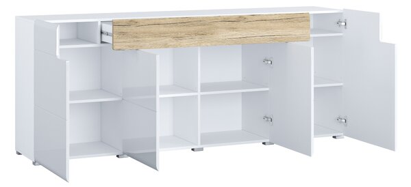 Komód Torsone 102, Laminált forgácslap, 83x208x39cm, Fényes fehér, Fehér, San remo tölgy