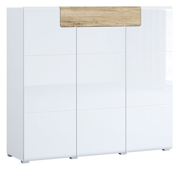 Komód Torsone 112, Laminált forgácslap, 132x147x39cm, Fényes fehér, Fehér, San remo tölgy