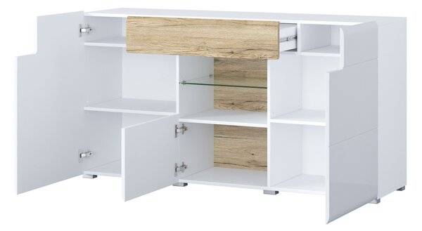 Komód Torsone 108, Laminált forgácslap, 84x159x40cm, Fényes fehér, Fehér, San remo tölgy