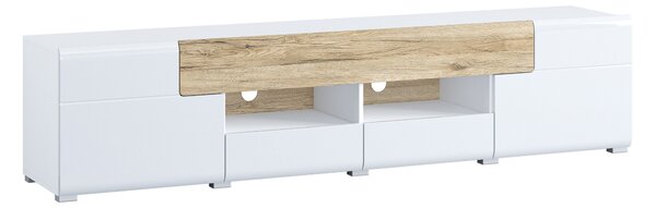 TV-állvány Torsone 113, Laminált forgácslap, 48x208x39cm, Fényes fehér, Fehér, San remo tölgy