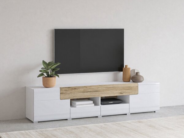 TV-állvány Torsone 113, Laminált forgácslap, 48x208x39cm, Fényes fehér, Fehér, San remo tölgy