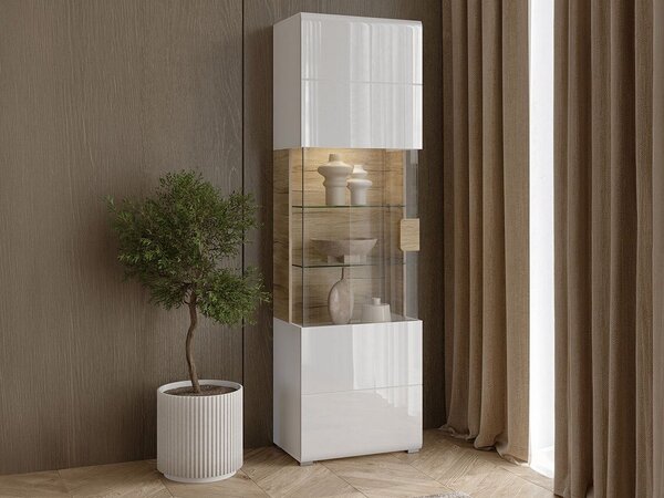 Könyvespolc Torsone 103, Zárt, Ajtókkal, Üveg, Laminált forgácslap, 204x61x39cm, Fehér, San remo tölgy, Fényes fehér