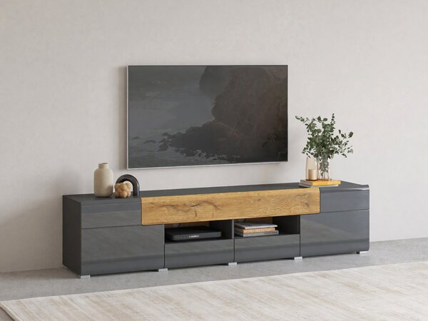 TV-állvány Torsone 113, Laminált forgácslap, 48x208x39cm, Grandson tölgy, Antracit, Fényes antracit