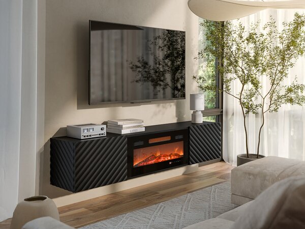 TV-állvány Charlotte 207, Közepes sűrűségű farostlemez, Laminált forgácslap, 37x183x35cm, Fekete
