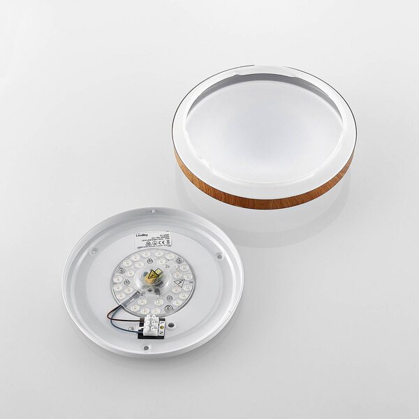 Lindby LED mennyezeti lámpa Mendosa, kerek, világos fa, Ø 29cm, Világos fa, Nappali / Étkező, Műanyag, Modern