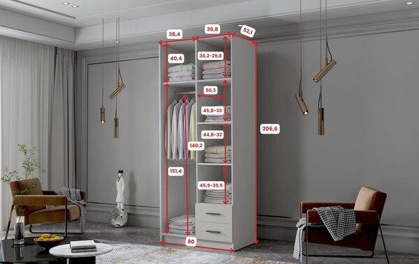 Šatní skříň ADA I 80 cm - bílá/černé úchytky