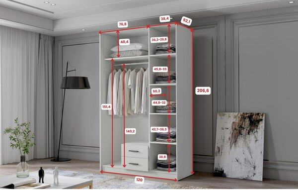 ADA II ruhásszekrény 120 cm – fehér/fekete fogantyúkkal