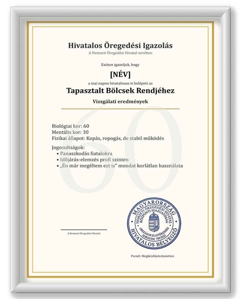 Öregedési Igazolás 60™ – A Bölcsesség Mestere Oklevél - dekortábla
