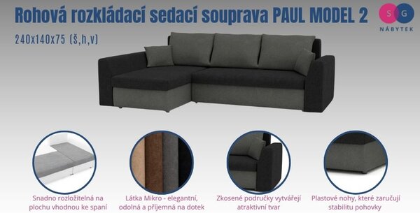 PAUL MODEL 2 sarok alakú, kihúzható kanapé / ülőgarnitúra Fekete/Fehér Jobb